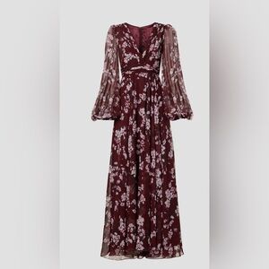 Mac Duggal Women’s wine and white floral chiffon flowy gown, size 2